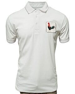 Camisa polo blanca para caballero con un distintivo bordado de gallo, confeccionada en una mezcla transpirable de algodón y poliéster por Montero.
