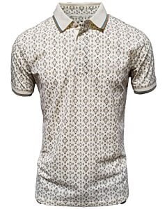 Polo beige para caballero con un elegante patrón geométrico en tonos tierra. Cuello clásico con detalles en contraste.