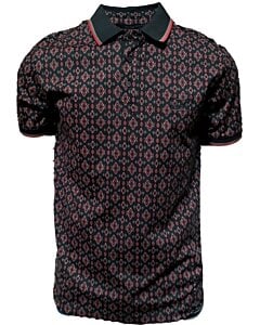 Polo negro para caballero con un elegante patrón geométrico en tonos rojos. Cuello clásico con detalles en contraste.