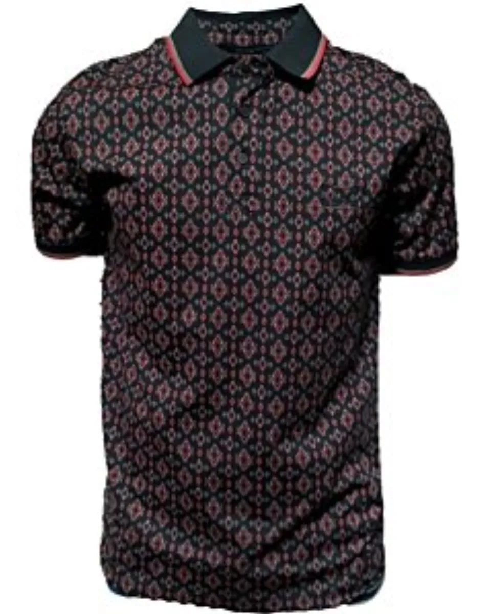 Polo negro para caballero con un elegante patrón geométrico en tonos rojos. Cuello clásico con detalles en contraste.