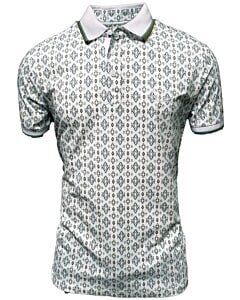 Men's white polo shirt featuring an intricate geometric pattern in green tones. Classic collar with contrast piping.