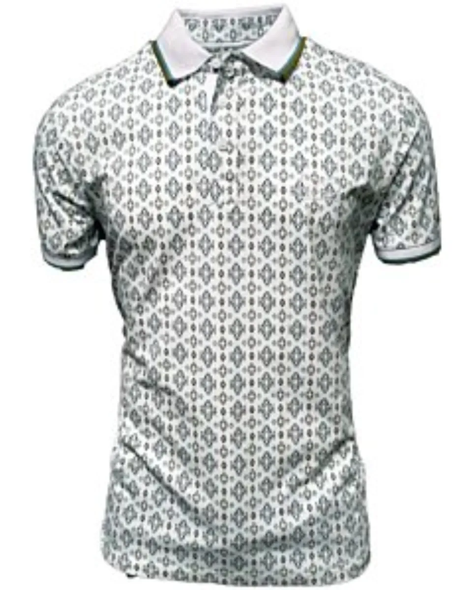 Men's white polo shirt featuring an intricate geometric pattern in green tones. Classic collar with contrast piping.