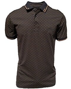 Polo negro para caballero con un sofisticado patrón geométrico en tonos dorados. Cuello clásico con detalles en contraste.
