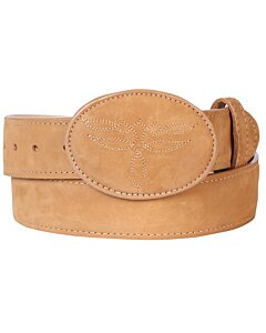 Cinto de Piel Nobuk en Color Durazno con Hebilla Ovalada con Costuras, Unisex, Hecho en México.