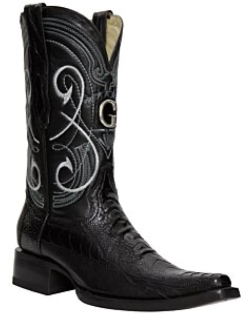 El General 45067 ostrich leg leather cowboy boots in black with Versace toe.