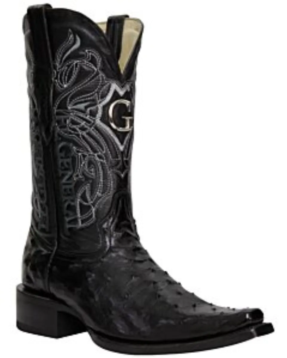 Black ostrich leather cowboy boots by El General, Versace toe design.