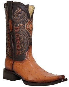El General 45077 ostrich leather cowboy boots in cognac with Versace toe.