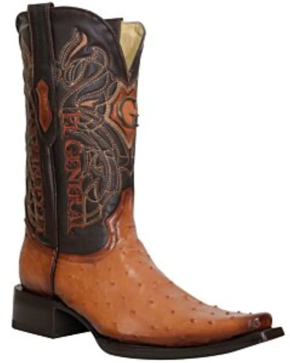 El General 45077 ostrich leather cowboy boots in cognac with Versace toe.
