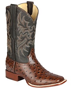 Ostrich print brown boots with bulldog toe and leather outsole.