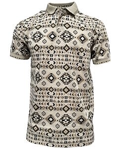 Polo beige para caballero con estampado azteca en tonos marrón y negro, con cuello en contraste – Lamasini 28220.