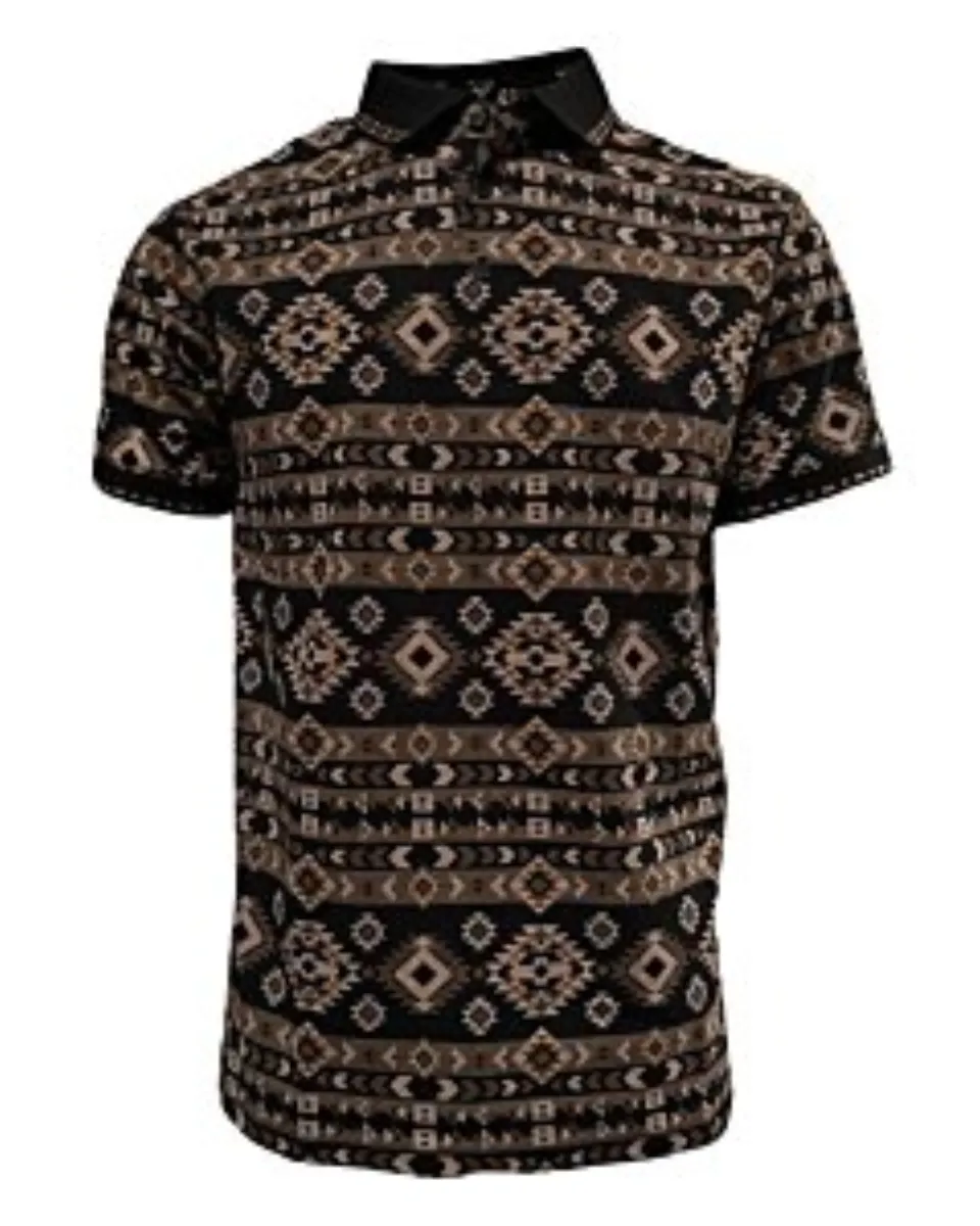 Polo negro para caballero Lamasini 28220 con patrón geométrico en tonos tierra y cuello clásico.