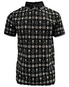 Polo negro para caballero Lamasini 28221 con diseño geométrico en tonos pastel y cuello acanalado.