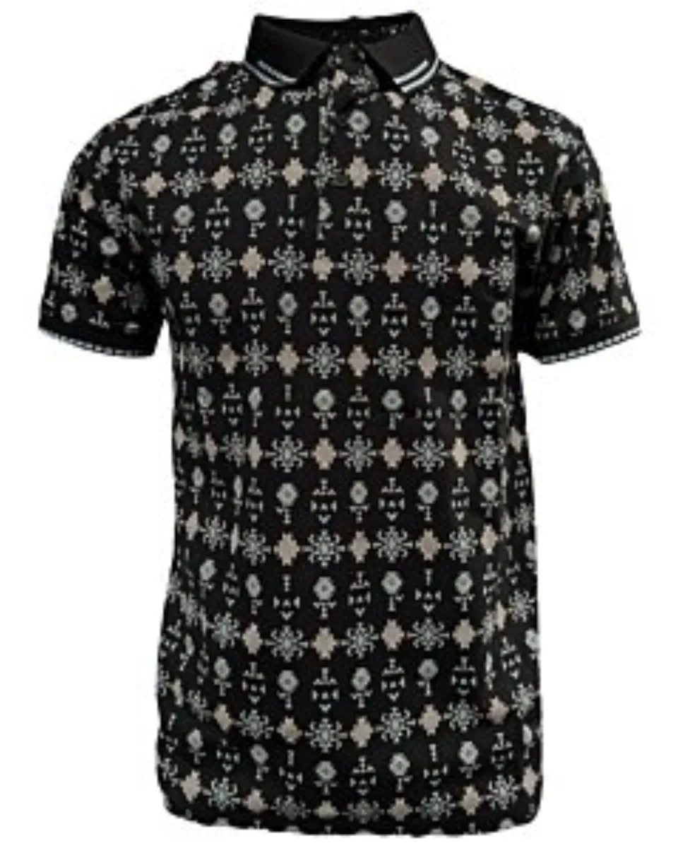 Polo negro para caballero Lamasini 28221 con diseño geométrico en tonos pastel y cuello acanalado.