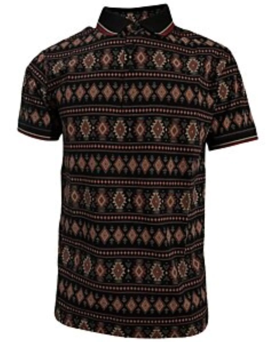 Polo negro para caballero Lamasini 28222 con estampado geométrico de inspiración Western y detalles en tonos tierra.