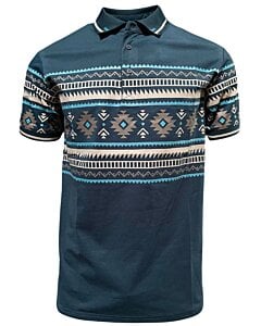 Polo azul marino para caballero con estampado azteca en beige y turquesa, con cuello en contraste – Lamasini 28219.
