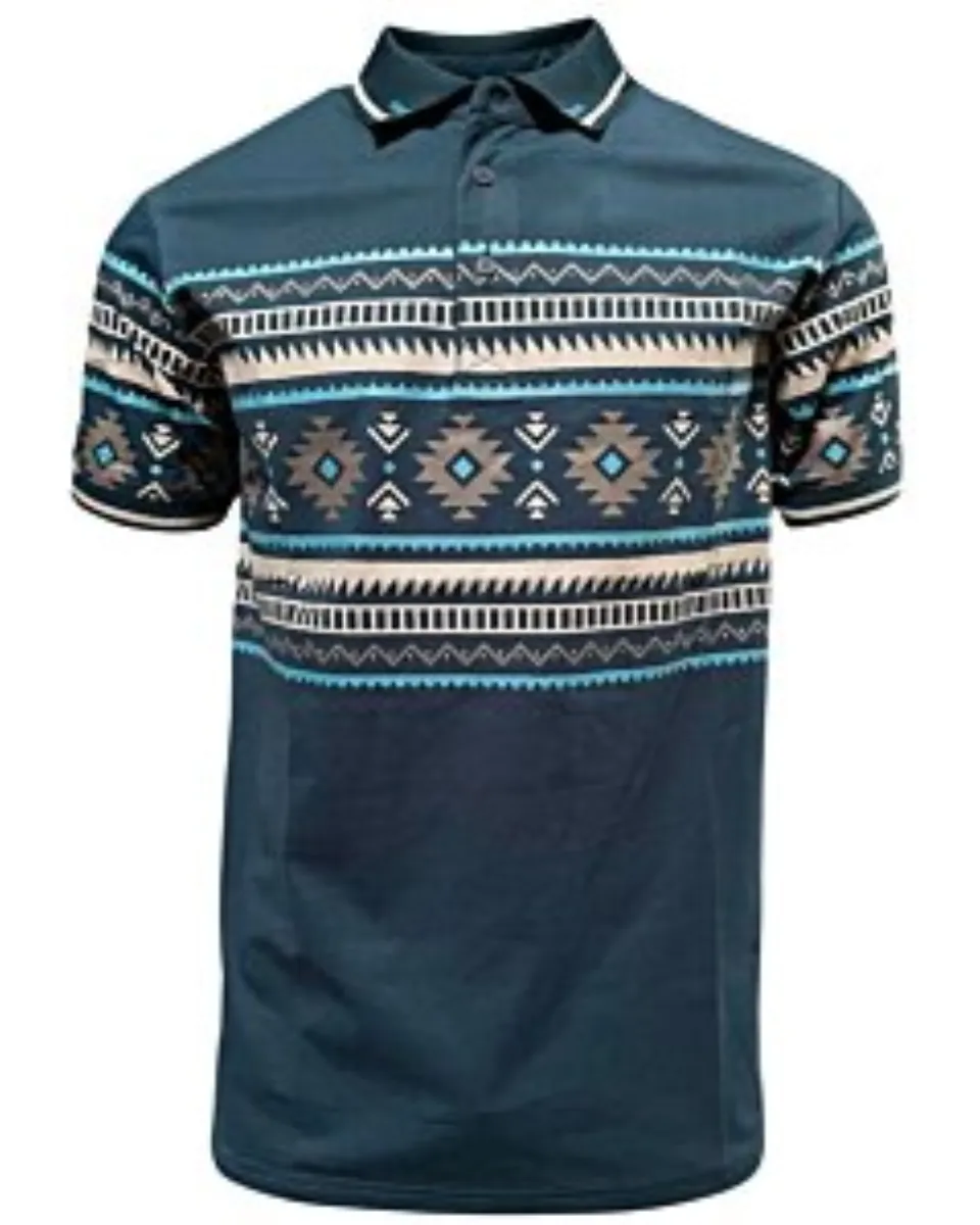 Polo azul marino para caballero con estampado azteca en beige y turquesa, con cuello en contraste – Lamasini 28219.