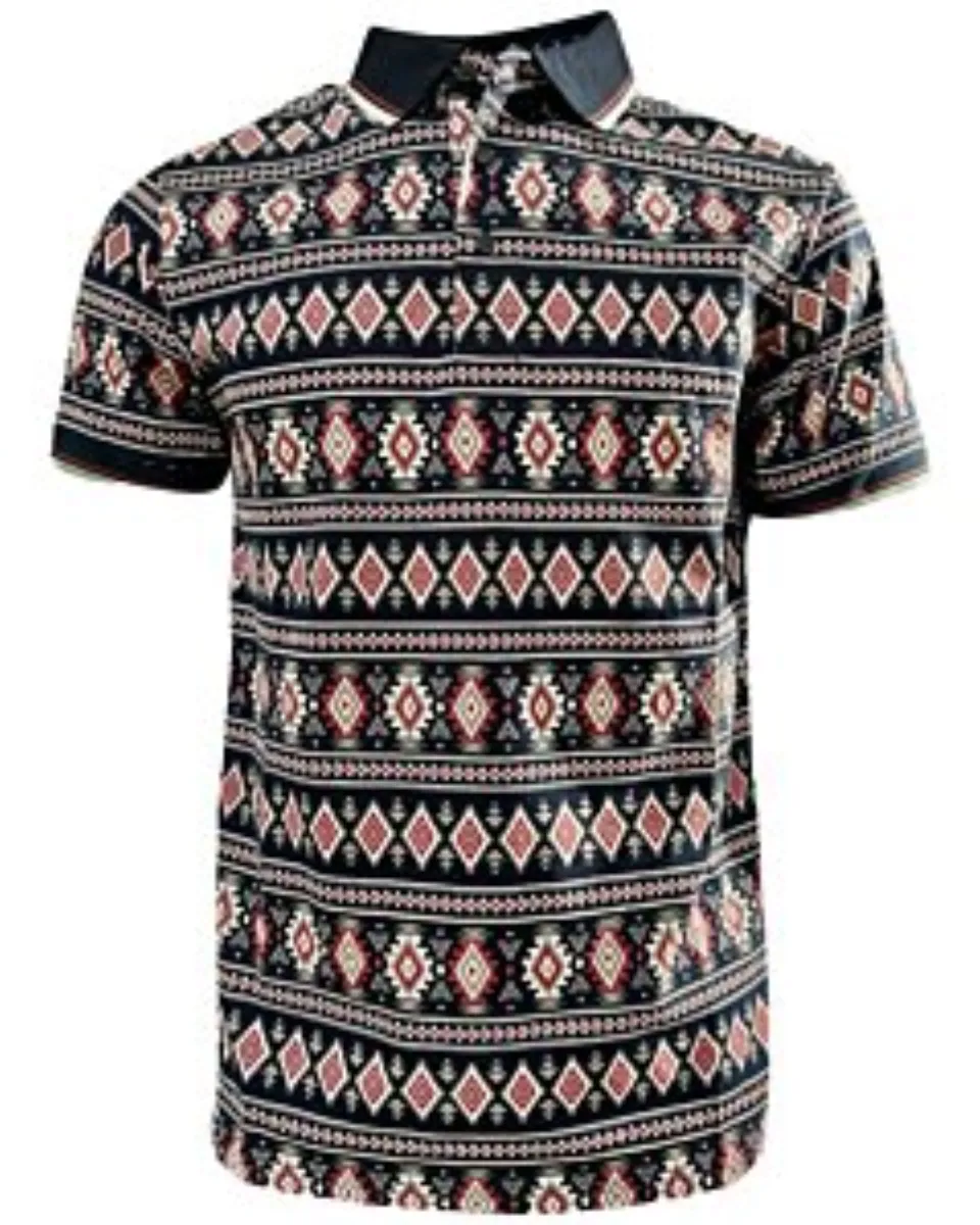 Polo marino para caballero Lamasini 28222 con estampado geométrico de inspiración vaquera y cuello en contraste.