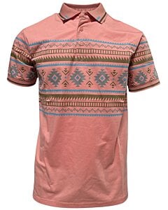 Polo salmón para caballero con estampado azteca en tonos tierra, cuello en contraste – Lamasini 28219.