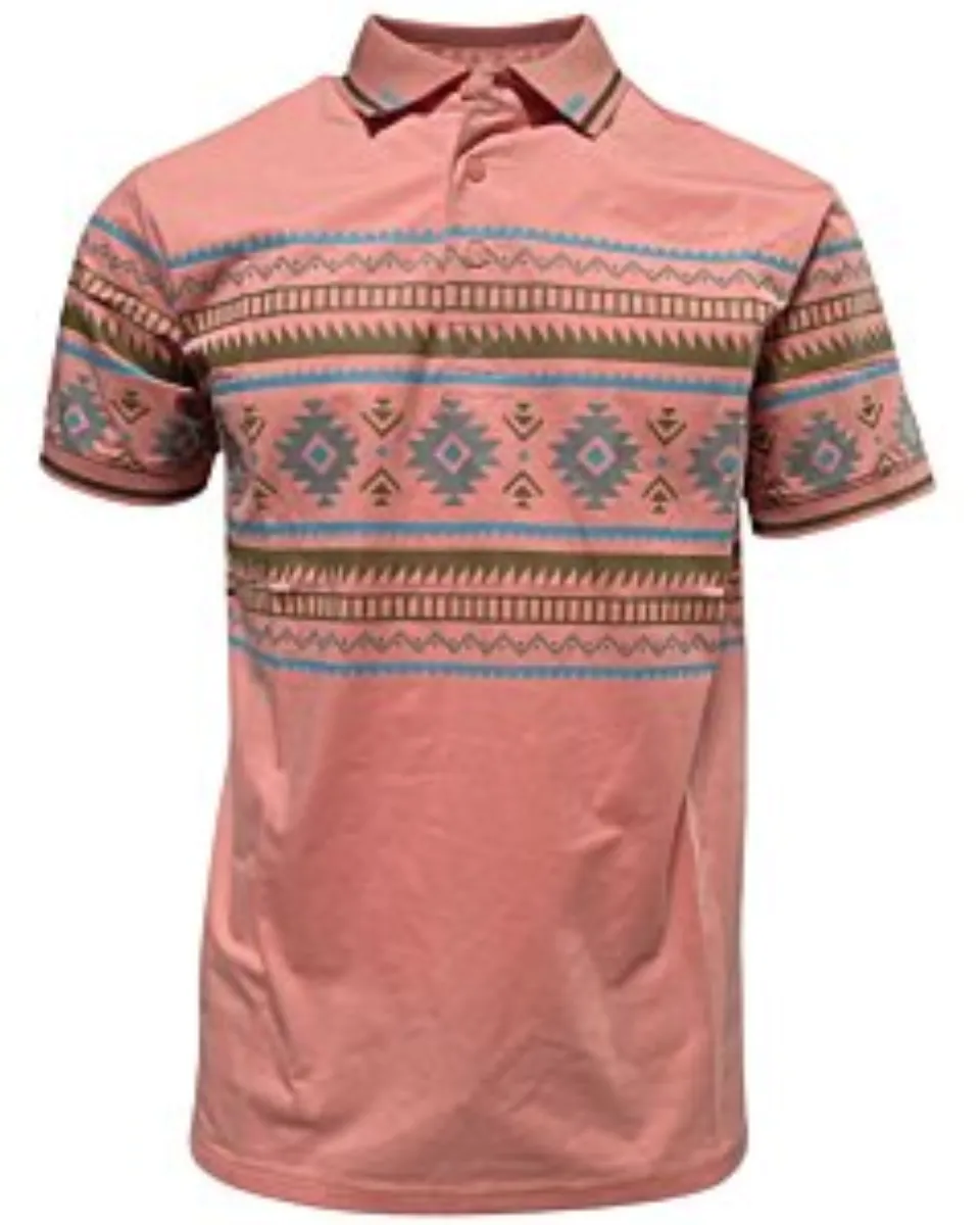 Polo salmón para caballero con estampado azteca en tonos tierra, cuello en contraste – Lamasini 28219.