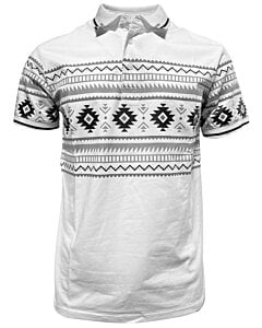 Polo blanco para caballero con estampado azteca en negro y gris, con cuello en contraste – Lamasini 28219.