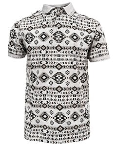 Polo blanco para caballero con estampado azteca en tonos negro y marrón, con cuello en contraste – Lamasini 28220.