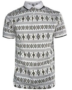 Polo blanco para caballero Lamasini 28222 con estampado geométrico de inspiración Western y cuello en contraste.