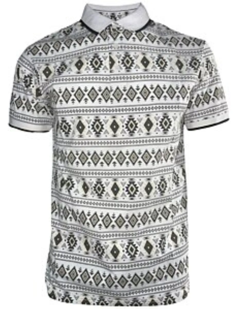 Polo blanco para caballero Lamasini 28222 con estampado geométrico de inspiración Western y cuello en contraste.