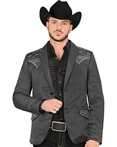 Montero 2181 Charcoal blazer, featuring intricate embroidery on the shoulders and pockets, modeled by a man wearing a black cowboy hat and shirt.