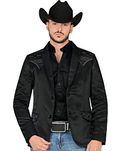 Man wearing Montero 2181 Black-Charcoal Embroidered Western Blazer, styled with Charcoal details on the shoulders, paired with a black shirt and jeans for a sleek cowboy look.