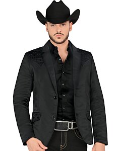 A front-facing view of the Montero 2181 black blazer, featuring intricate black embroidery on the shoulders and pockets.