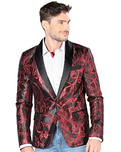 Hombre joven con barva rala luciendo saco color negro con vino y camisa color blanco.