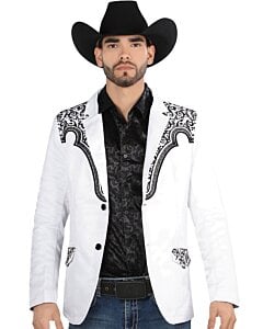 Image of a man wearing a white embroidered blazer with a black shirt.