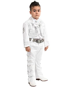 Traje Charro de 3 piezas para niño White Diamonds en color blanco con bordado y botonadura plateada