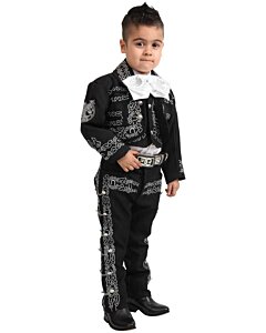 Traje Charro de 3 piezas para niño White Diamonds 10-975 en color negro con bordado y botonadura plateada.