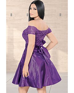 Vestido Metálico Y Encaje Hombros Descubiertos Lam 5705 Morado