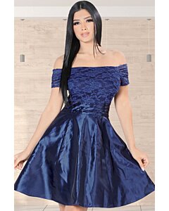 Vestido Metálico Y Encaje Hombros Descubiertos Lam 5705 Navy