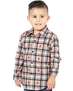 Boy’s Western Shirt in Beige-Black Plaid, Long Sleeve Version – El General 44732