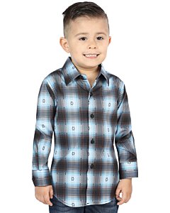 Boy's Western Shirt in Blue-Black Plaid by El General 44736, Available in Long or Short Sleeve