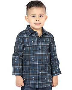 Boys’ Western Shirt in Navy-White Plaid, Long Sleeve Version – El General 44740