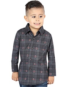 Boy’s Western Shirt in Gray-Brown Plaid, Long Sleeve Version – El General 44742