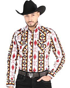 Camisa Vaquera para Hombre Blanca con Estampado Geométrico Rojo y Amarillo – El General 44502