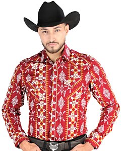 Camisa Vaquera para Hombre en Color Vino con Detalles Geométricos en Blanco y Mostaza – El General 44503