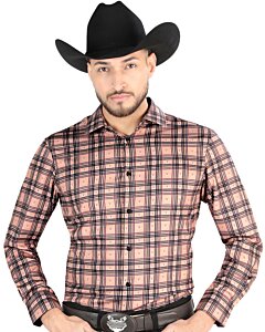 Men’s Western Shirt in Beige-Black Plaid with Aztec Accents by El General 44697