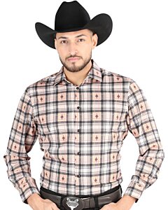 Camisa Vaquera para Hombre en Cuadros Beige-Negro con Detalles Aztecas de El General 44698, Disponible en Manga Larga o Corta