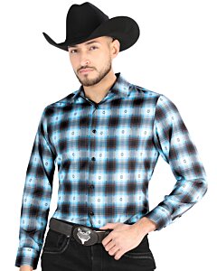 Camisa Vaquera para Hombre en Azul-Negro con Diseño de Cuadros, Disponible en Manga Corta o Larga, Mezcla de Poliester y Spandex.
