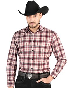 Camisa Vaquera para Hombre en Cuadros Beige-Rojo de El General 44711, Disponible en Manga Larga o Corta