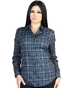 Camisa Vaquera para Mujer a Cuadros Navy-Blanco, Versión de Manga Larga – El General 44723