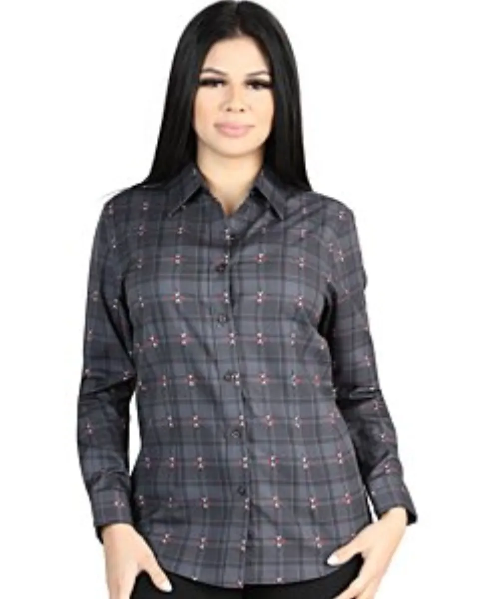 Camisa Vaquera para Mujer a Cuadros Gris-Café, Versión de Manga Larga – El General 44725