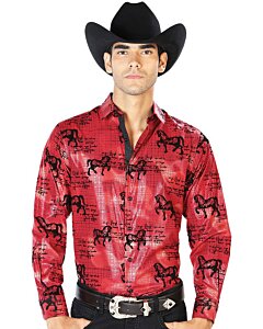 Camisa El Señor De Los Cielos 43595 Color Vino Diseño De Caballos Negros