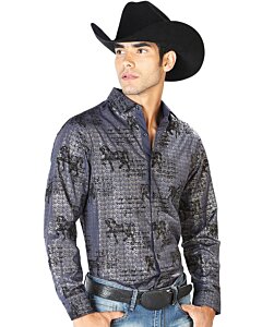 Camisa El Señor De Los Cielos 43598 Color Navy Con Caballos Negros